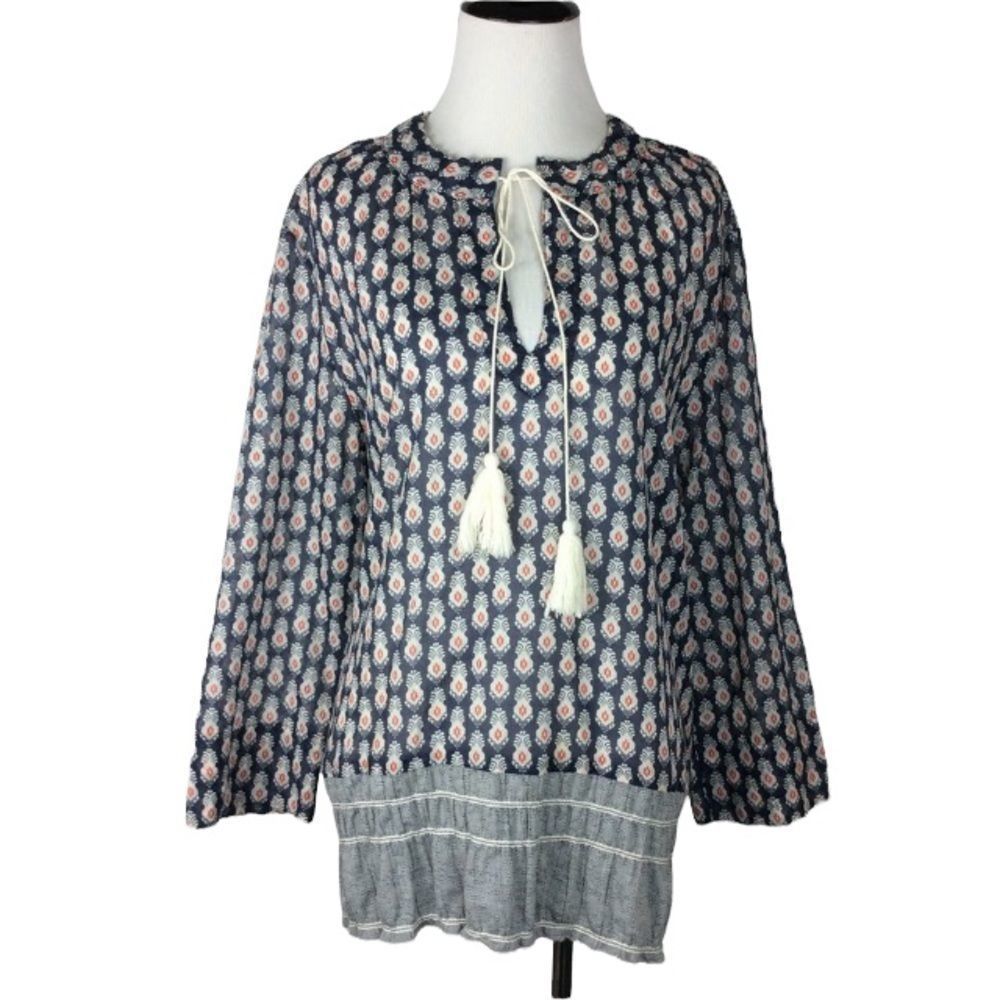 Dylan Boho Print Tassel Tie Neck Blouse Size Large